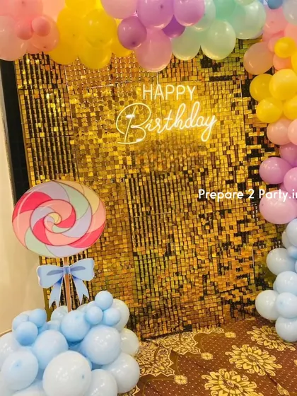These Candyland theme close-ups show the fun details, including the neon "Happy Birthday" sign and the variety of candy and dessert-themed props that make the party extra sweet.