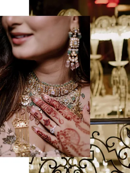 A detail shot focusing on the bride's intricate mehendi and jewelry.