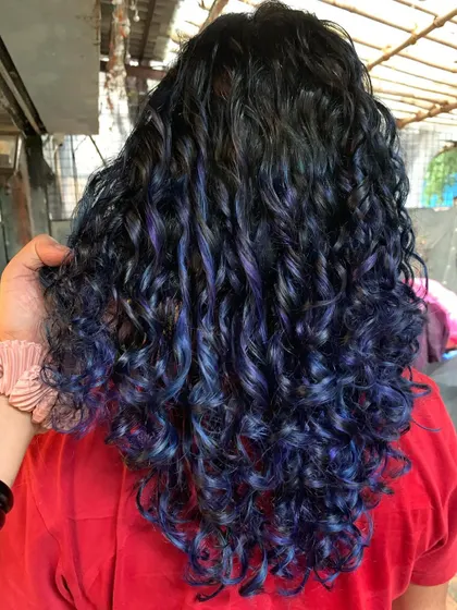 A close-up of the blue and purple curls. The colors are so vibrant and fun. (No filter)