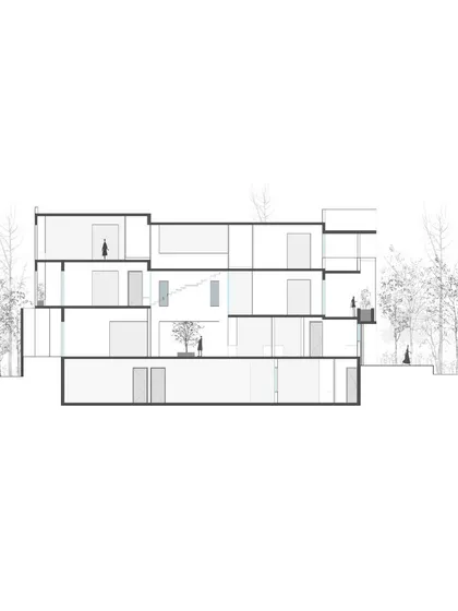A longitudinal section of the Vikas Residence, showing the flow of spaces through the length of the house.