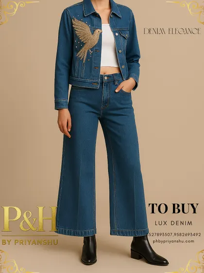 A detailed view of the golden bird denim set, focusing on the jacket and the clean lines of the wide-leg jeans.