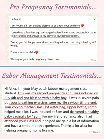 Testimonials from my Pre-Pregnancy and Labor Management classes. My goal is to provide coping mechanisms and breathing exercises that become your lifesaver during labor.