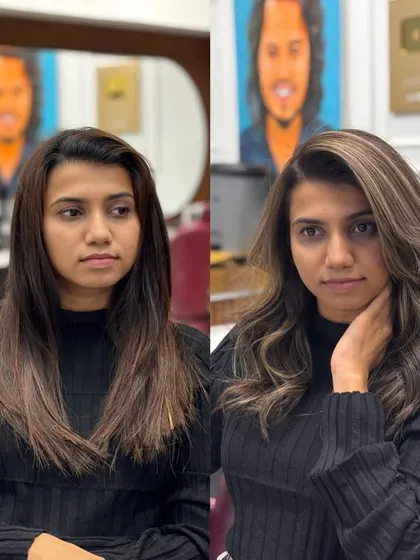 This before and after shows how we create a cool ash blonde. We lifted her natural dark hair and toned it to eliminate all warmth.