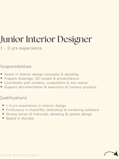 A clear breakdown of the qualifications for a Junior Interior Designer role at Kreeze Design Studio in Mumbai, including experience and software proficiency.