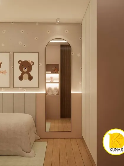 This view shows the full-length arched mirror and wardrobe in the same room.