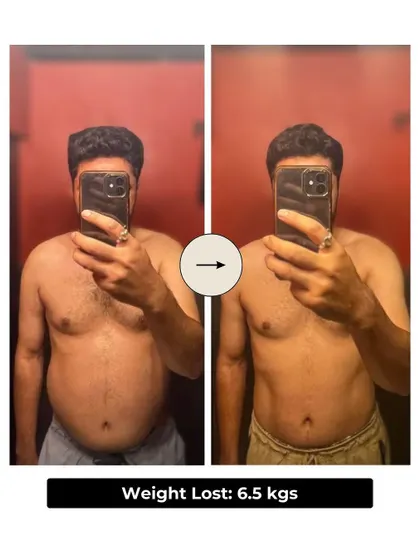 This client achieved a 6.5 kg weight loss in 6 weeks by committing to a 4-day workout week, hitting 10,000 steps daily, and following a structured diet and sleep schedule.