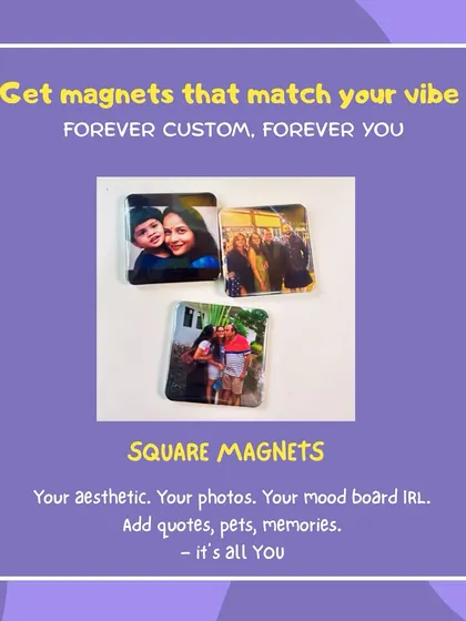Get magnets that match your vibe. This graphic shows some of the custom square photo magnets I've made.