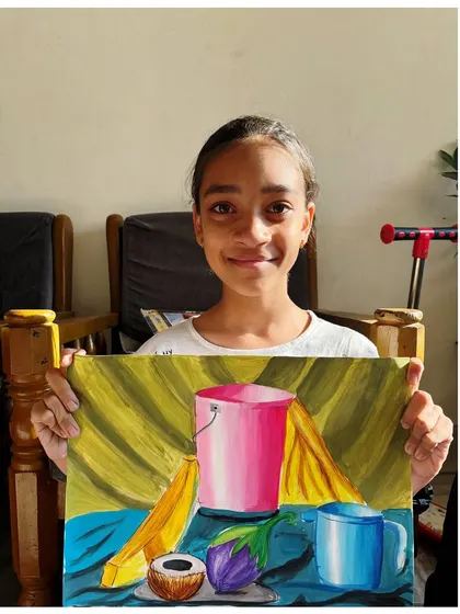 Another talented student with her still life painting for the intermediate exam, showing excellent rendering of different shapes and textures.
