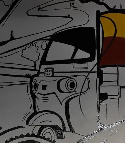 An auto-rickshaw with the Karnataka flag, part of the detailed 'Namma Bengaluru' mural. Every element is hand-drawn and painted to contribute to the overall story of the wall.