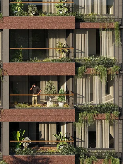 **Sanctum Apartments, Ahmedabad:** A close-up of the facade, showing residents enjoying their balconies. The design provides each apartment with private outdoor space, filled with greenery to create a sense of a "vertical garden."