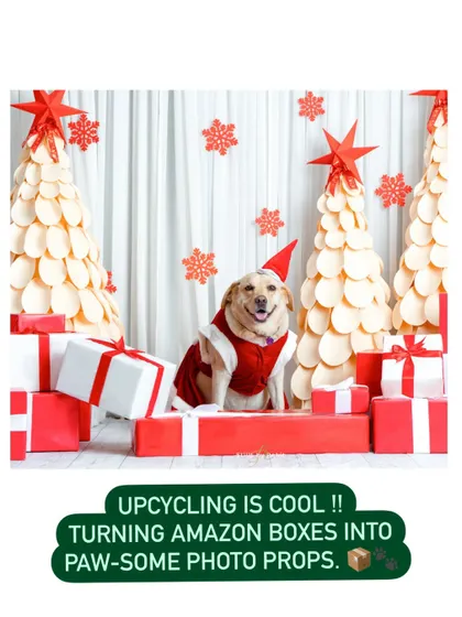 Upcycling is cool! For this Christmas set in Bangalore, we turned old Amazon boxes into these festive gift props. It's all about being creative and sustainable.