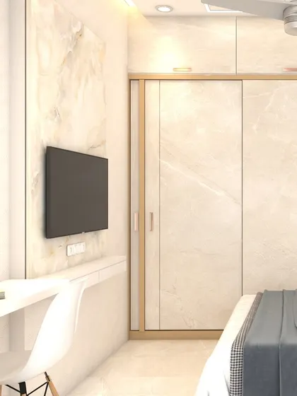 This render showcases a bedroom design with a built-in study desk and a wardrobe with a marble-finish laminate, creating a continuous and seamless look.