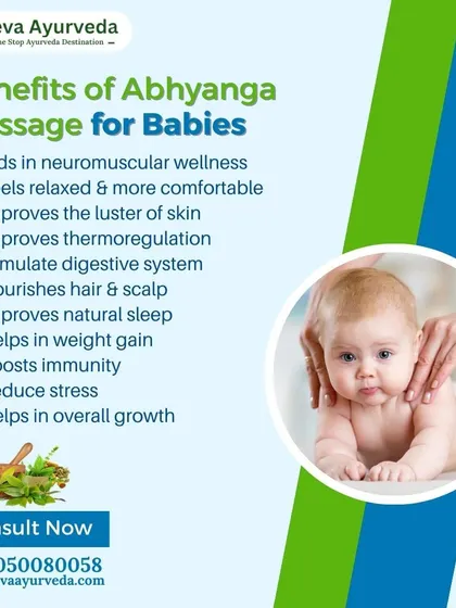 Our care extends to practices like Shishu Abhyanga, a traditional Ayurvedic baby massage. This graphic details the numerous benefits, from aiding neuromuscular wellness and boosting immunity to improving sleep and promoting overall growth.