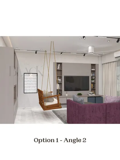 Angle 2 of 'Option 1,' showing the TV unit and the placement of the swing. These different views help clients understand the flow and layout of the space from every perspective.