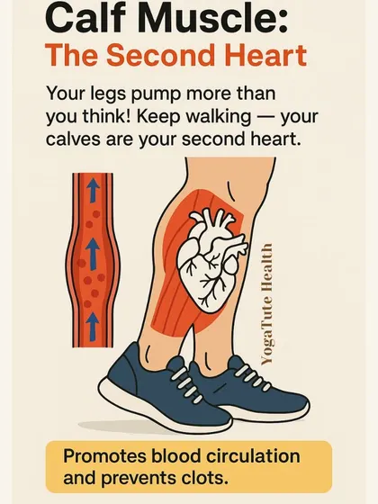 An informational graphic explaining why the calf muscle is called "The Second Heart." We teach our students the anatomy and physiology behind how simple movements promote blood circulation and prevent clots.