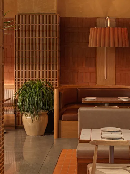 A detail shot at Biergarten showing the interplay of textures. The terracotta wall, wooden screen, and pleated fabric lampshade come together to create a layered and tactile interior design experience.