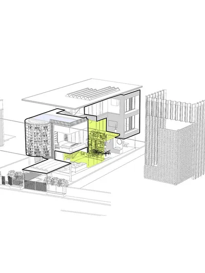A conceptual diagram illustrating the core idea behind our 'Urban Oasis' house project. It shows the distribution of the program and the design of the building envelope to create an introverted, private sanctuary within a dense neighborhood.