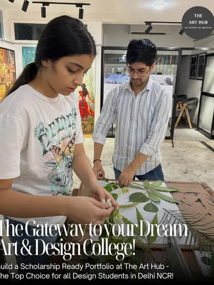 An instructor provides one-on-one guidance to a student working with natural materials. This kind of experimental project helps create a unique and memorable portfolio.