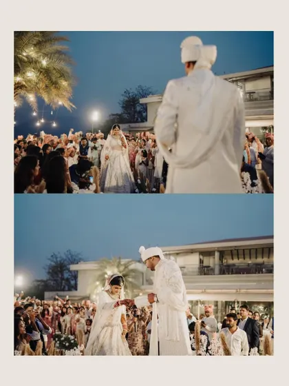 A collage of the Varmala ceremony, capturing the moment the couple exchanges garlands under a beautiful evening sky.
