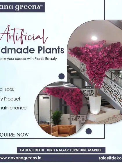 Transform your space with the beauty of my artificial handmade plants. This large, pink flowering tree installed by a staircase is a quality product that offers a natural look with low maintenance.