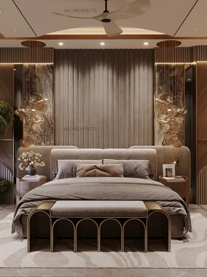 We designed this master bedroom for a young couple, focusing on warmth and modern elegance. The space features rich veneer, seamless mirror detailing, and a stunning fabric bed panel to create a stylish, personal sanctuary.