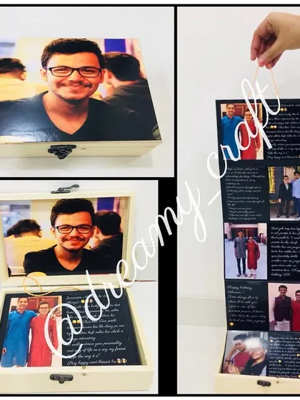 I designed this memory box to be a beautiful journey. The lid features a custom photo, and inside, a pull-out cascade reveals 15 of your favorite pictures and messages. It's a truly personal way to preserve your memories together.