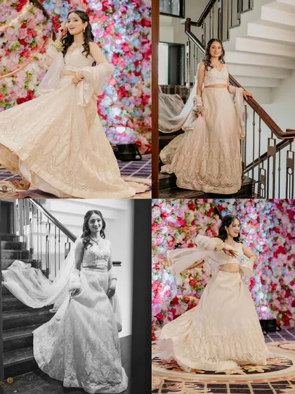 A collection of portraits showing the bride twirling and posing on a staircase. These shots capture the joy and beauty of her on her engagement day.
