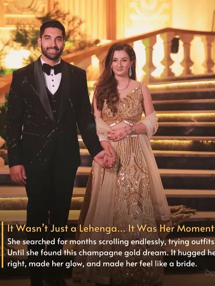 It Wasn't Just a Lehenga, It Was Her Moment. After months of searching, she found this champagne gold dream. It hugged her right, made her glow, and felt like her perfect bridal moment.