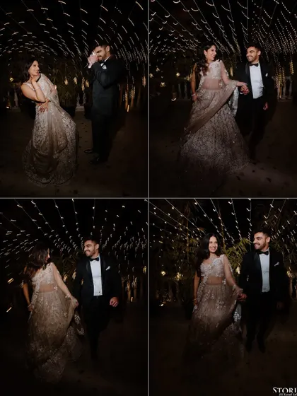 A collage of four images showing the couple walking and dancing through a magical tunnel of lights.