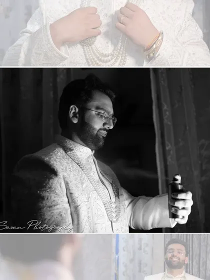 A collage of getting-ready shots of the groom, including a dramatic black and white photo of him using perfume.