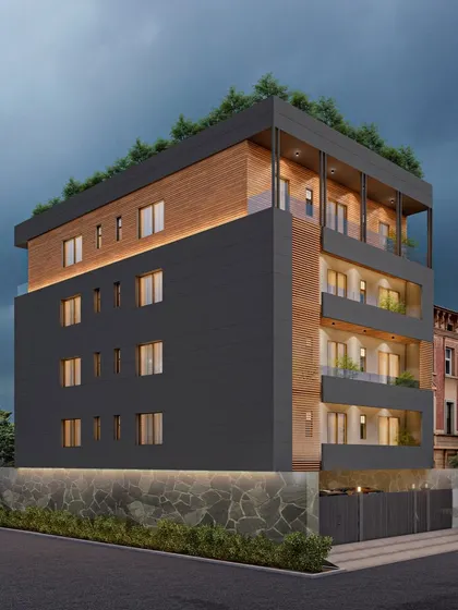This exterior view showcases a multi-level residence with a rooftop garden, blending modern architecture with sustainable elements. The combination of dark cladding, wood accents, and a natural stone base creates a rich, textured facade.