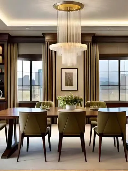 A classic and elegant dining room design featuring rich wood cabinetry and a crystal chandelier. Large windows provide ample natural light, creating a bright and formal space for special occasions.