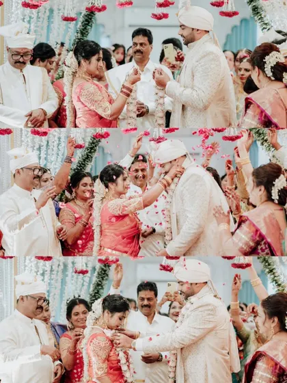 A collage of playful and traditional moments from a South Indian wedding ceremony, including the Varmala exchange.