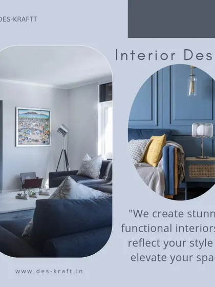 This graphic highlights our ability to create stunning, functional interiors that reflect your personal style, using a beautiful blue-themed living room as an example.