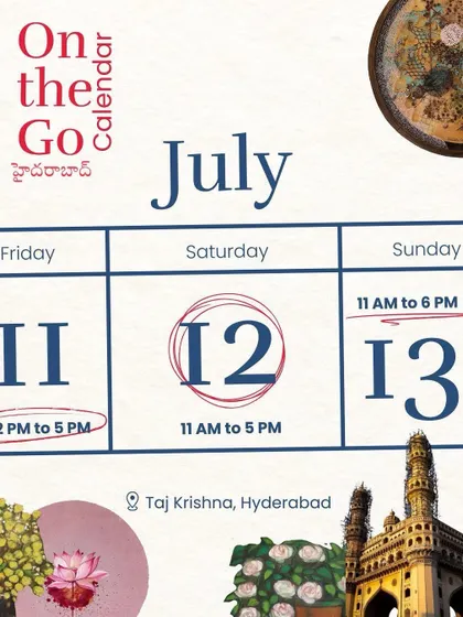 The July calendar for our 'On The Go' event at the Taj Krishna in Hyderabad, featuring a selection of rare Tanjore pieces and heritage furniture.