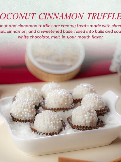 My Coconut Cinnamon Truffles are creamy treats made with shredded coconut, cinnamon, and a sweetened base, rolled into balls and coated in white chocolate.