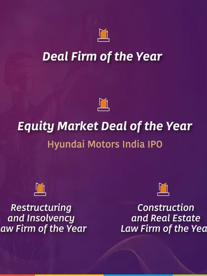 A graphic detailing our wins at the ALB India Law Awards 2025, including 'Restructuring and Insolvency Law Firm of the Year'. This award highlights our specialized expertise in navigating complex corporate insolvency and restructuring cases.