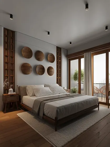 The same bedroom concept but with a light wood floor and pale grey walls, creating a brighter overall feel.