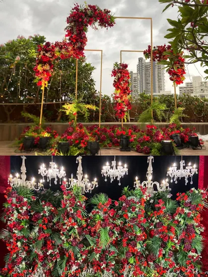 A showcase of two stunning red floral designs: a modern, deconstructed arch for an outdoor ceremony and a dense floral wall with hanging chandeliers for a reception.
