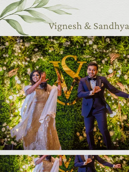 A fun, framed shot of the couple dancing at their reception. The custom monogram in the background adds a personalized touch to their celebration.