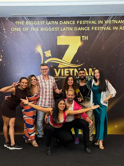 The whole crew having fun at the Vietnam International Latin Festival. We traveled, performed, and made the most of every moment together.