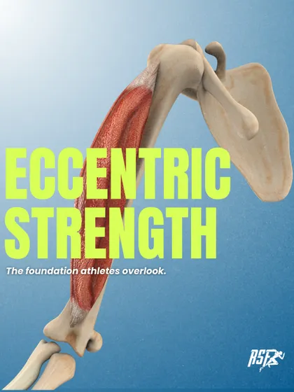 This graphic introduces eccentric strength as the foundation that many athletes overlook. The anatomical illustration of the shoulder musculature visually grounds the concept in science, immediately establishing our expert approach.