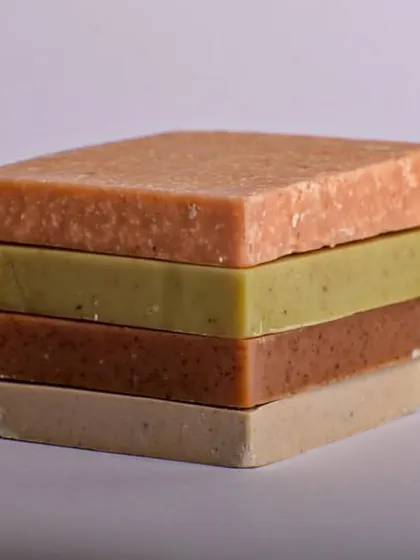 A stacked view of our trial pack soaps. Each 45-gram bar offers a different scent and skincare benefit, making it a wonderful, zero-waste gift or a great way to find your favorite.
