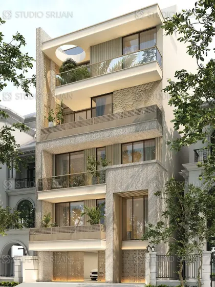 A slightly different angle of the Prashant Vihar project, showcasing the depth of the balconies and the careful integration of planters for a touch of green.
