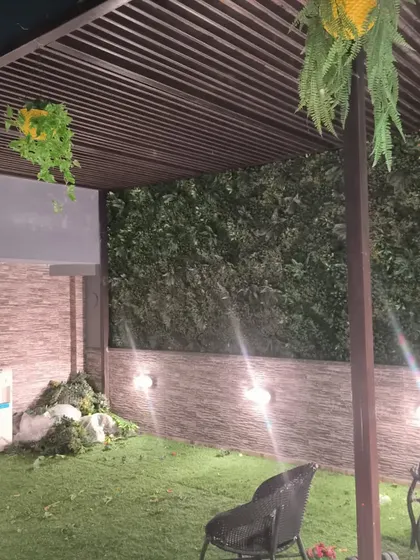 Another view of the Guruharkishan Nagar project, showing how the combination of floor grass and a green wall makes the space feel private and natural.