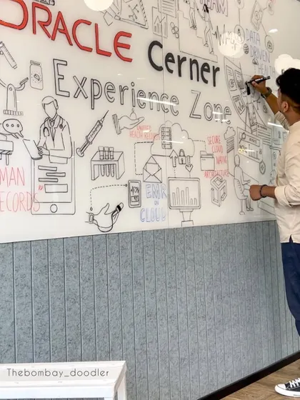 Another angle of the Oracle Cerner Experience Zone mural in progress. The artwork visualizes the synergy between the IT industry and the healthcare sector.