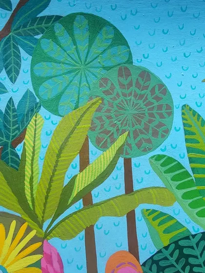 A close-up detail from the custom tropical painting. You can see the intricate patterns on the stylized trees and the small, hand-painted textures in the background that add depth to the scene.