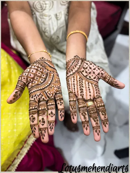 A classic Indian guest mehendi design with checks, dots, and leafy patterns covering the palm.
