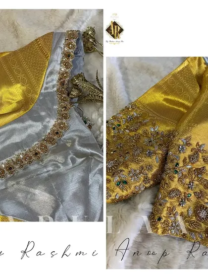 A closer look at the heavy zardosi and stonework on the silver tissue blouse. This kind of dense embroidery is perfect for a grand bridal or reception look.