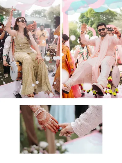 A fun-filled collage showing the bride and groom making a grand entrance on dhols, a perfect example of the joyful chaos of Indian weddings.